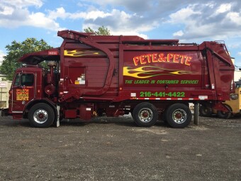 Pete & Pete red front load dumpster in Cleveland, Ohio