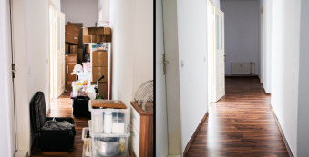 Before and after pictures of decluttering a hallway