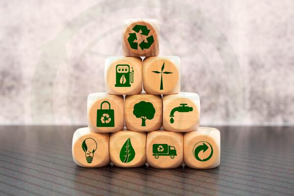 Environmentally friendly icons on wooden building blocks