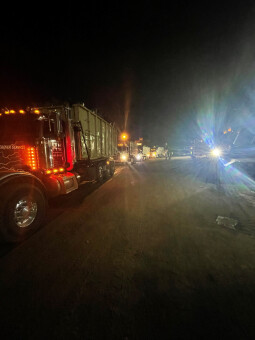 Pete & Pete roll off dumpster truck getting ready for early delivery in the morning