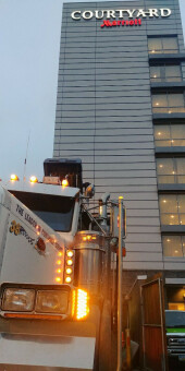 Making a dumpster delivery to the Courtyard Marriot Hotel