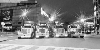 A fleet of Pete and Pete trucks outside of the Quicken Loans Arena in Cleveland