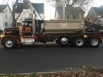 A 10 yard dumpster on a roll-off truck  in Cleveland Ohio. 
