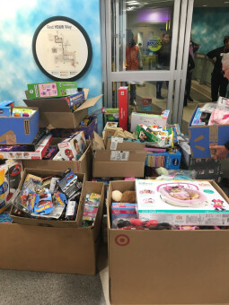 Boxes of toys from Pete and Pete Inc. at the Rainbow Babies and Children's Hospital